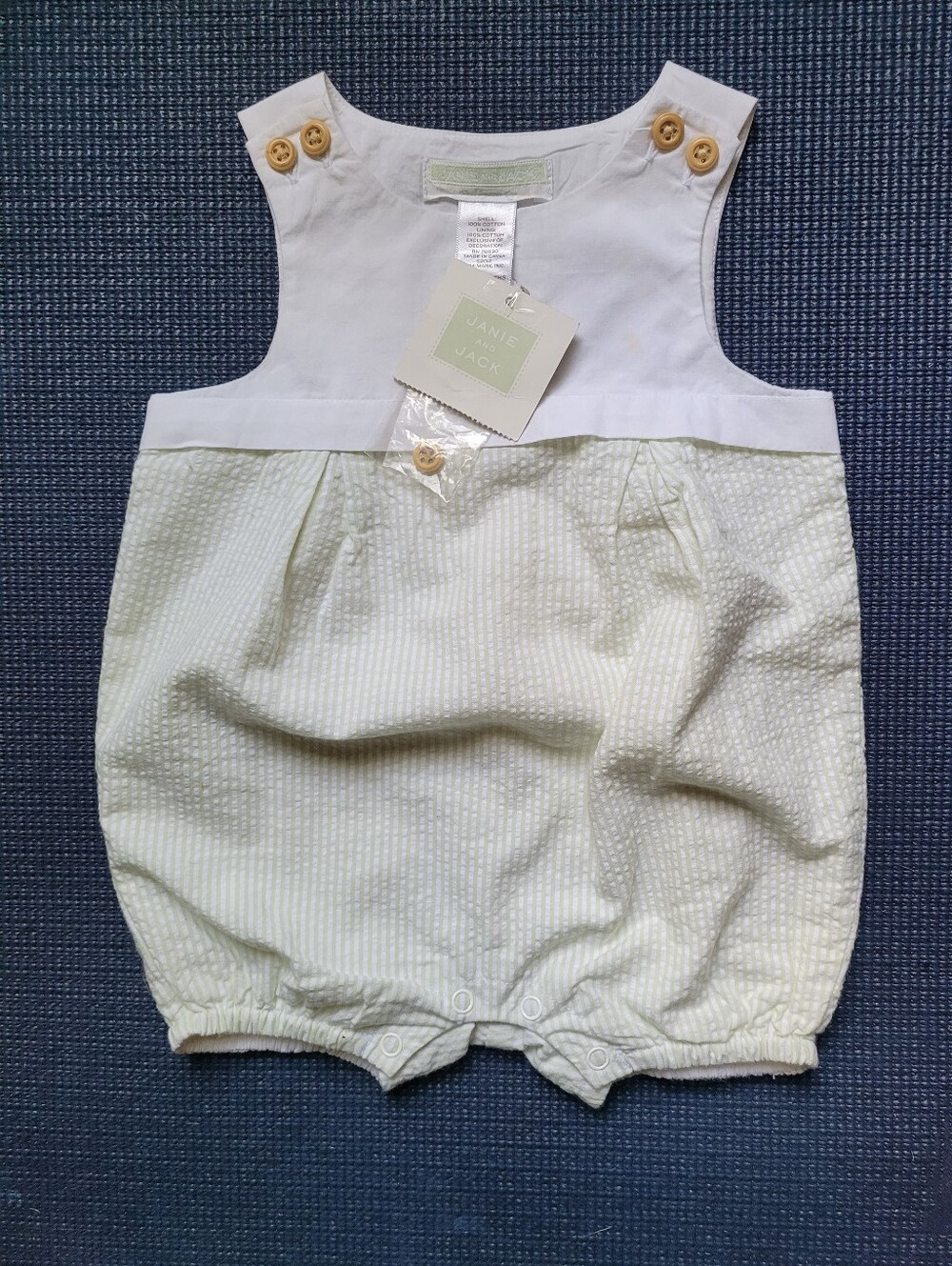 Janie and Jack White Yoke Pale Green Seersucker Bubble Romper  0-3 mth